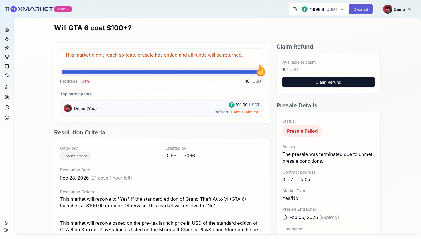 Claim Refund button for failed presale